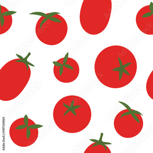 Seamless pattern with whole red tomatoes. Simple flat vector design with green stems on white background.