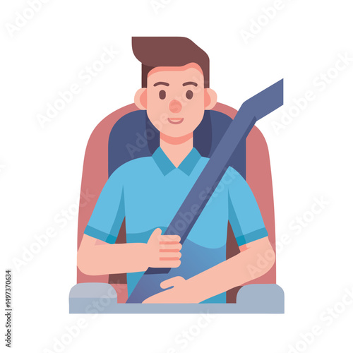 Young man smiling while fastening seatbelt in car interior