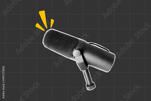 Halftone textured podcast microphone icon, sticker in grunge punk style. Cutout collage with mic, digital content symbol for blogs and streams.