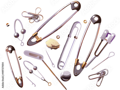 Isolated sharp metal tools and sewing accessories, including needles, pins, scissors, and forceps, comprise a set of medical and household equipment