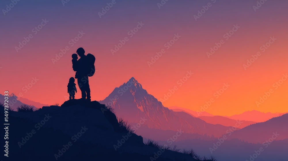 Fototapeta premium Father and children silhouette at sunset mountain view