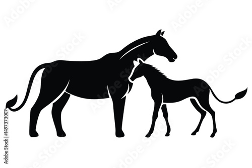 Vector illustration of a wild black horse silhouette with flowing mane and tail, isolated on white, suitable for farm or nature designs