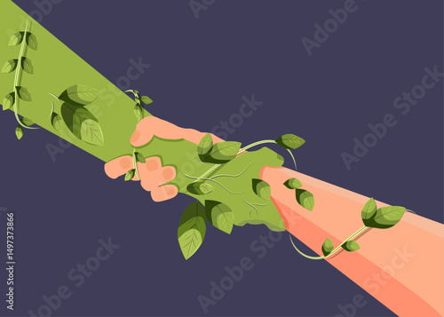 shaking hands with nature. hand shake person, eco handshake, ecology symbol, harmony with nature