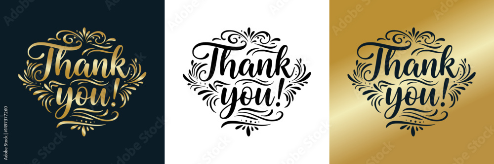 Elegant thank you designs with ornate lettering on dark blue, transparent, and gold backgrounds, three designs Elegant thank you designs with ornate lettering on dark blue, transparent, and gold backgrounds, three designs