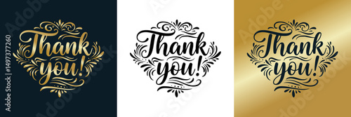 Elegant thank you designs with ornate lettering on dark blue, transparent, and gold backgrounds, three designs  