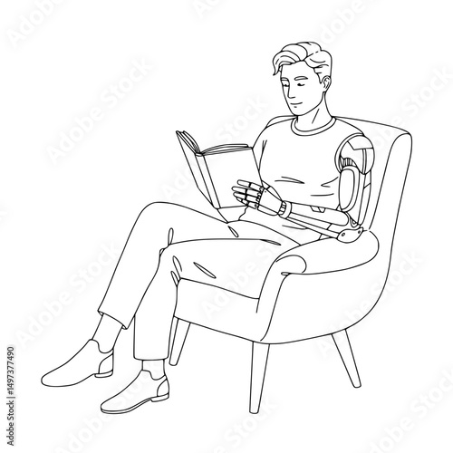 Man with prosthetic arm reading a book while sitting in a modern chair, line drawing on a transparent background  