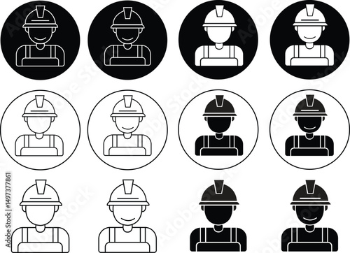 Construction worker vector icon set, Industrial Workers Business Person Project Manager Engineer Architect icons, builder and factory employee