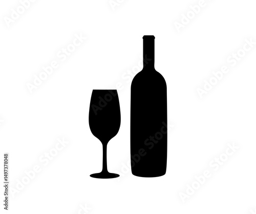 Wine bottle with wine glass silhouette icon. Minimalist wine bottle and glass icon vector design and illustration.

