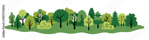 Green forest landscape. Trees horizontal background. Flat design poster. Biological theme