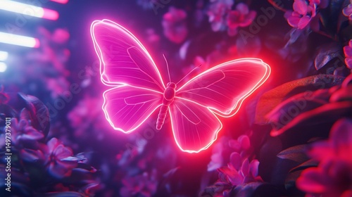 Neon pink butterfly amidst flowering branches