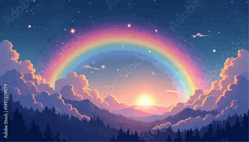 Rainbow over Forest at Sunset