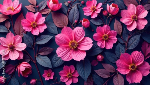 Intricate fuchsia floral pattern, vibrant blooms and leaves , illustration, design, digital