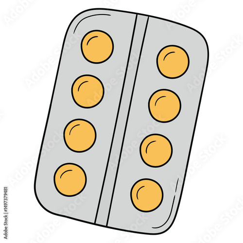 Hand drawn cartoon pill blister on white background.