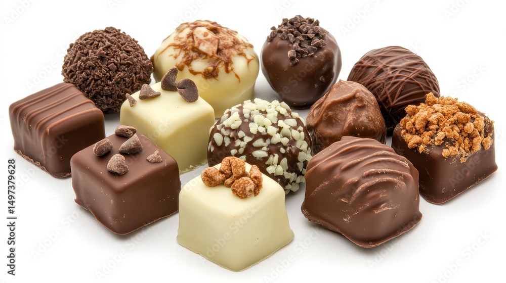 Assorted chocolate truffles in various flavors on white background. Use this for dessert, sweets, and confectionery related content. Assorted chocolate truffles in various flavors on white background. Use this for dessert, sweets, and confectionery related content.