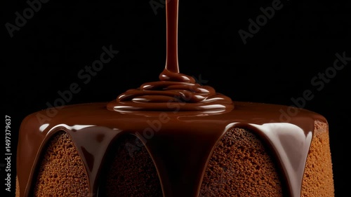Hot melted chocolate pouring over freshly baked cake against dark background, perfect for dessert, pastry, and gourmet food promotion in culinary video content