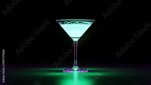 Green glowing drink in martini glass on dark background with neon reflections, perfect for nightlife, party, cocktail bar and futuristic style video projects