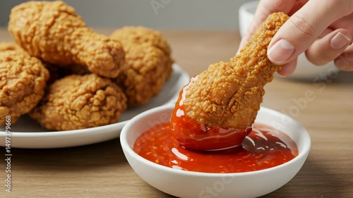 Close-up of crispy fried chicken drumstick dipped in sweet and sour chili sauce with more on plate, ideal for fast food, cooking, and snack-related commercial video content
