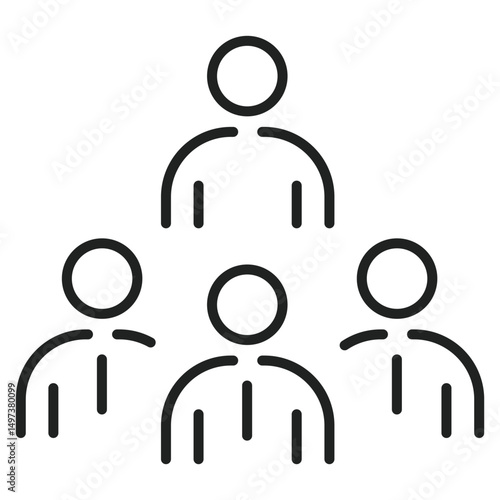 Icon shows a group of people together. It represents teamwork or a community with a leader on top in a simple and minimalist design.