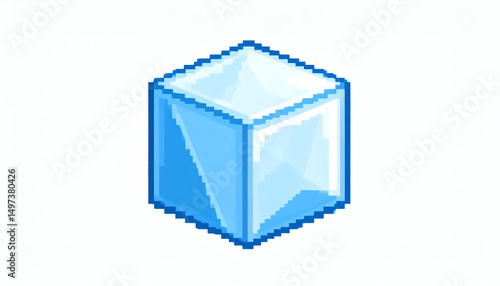 8-Bit Pixel Ice Cube with Angular Edges and Translucent Blue Tint Isolated on White Background for Retro Game and Digital Art Designs