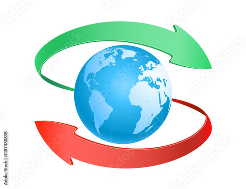 Planet earth with two arrows around. Isolated on white background. Vector illustration
