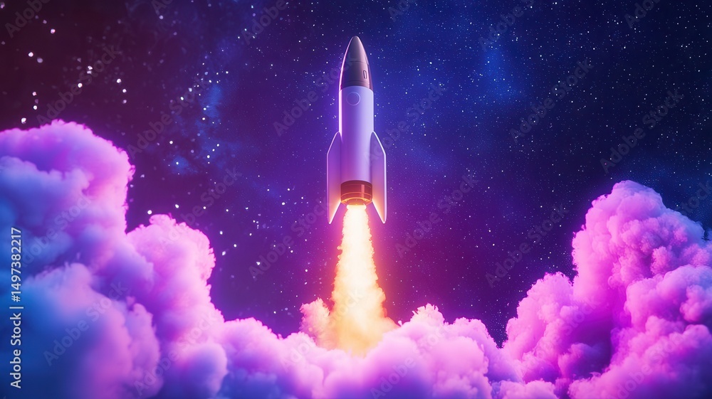 Fototapeta premium Spaceship lifting off amidst energy cosmic dust, surrounded swirling a vibrant, star filled background bursting with color and by