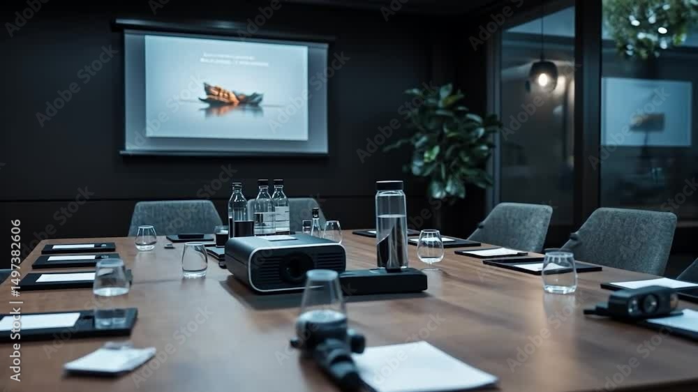 Modern Conference Room with Projector Screen Displaying Nature Image on Wooden Table Dark Interior Modern Conference Room with Projector Screen Displaying Nature Image on Wooden Table Dark Interior