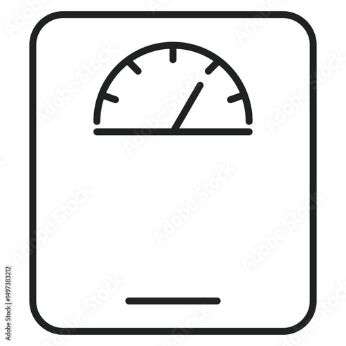A weight scale is displayed in a simple line drawing, with a dial showing measurement on a square platform.