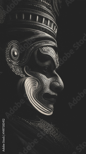 black and white portrait of kathakali face