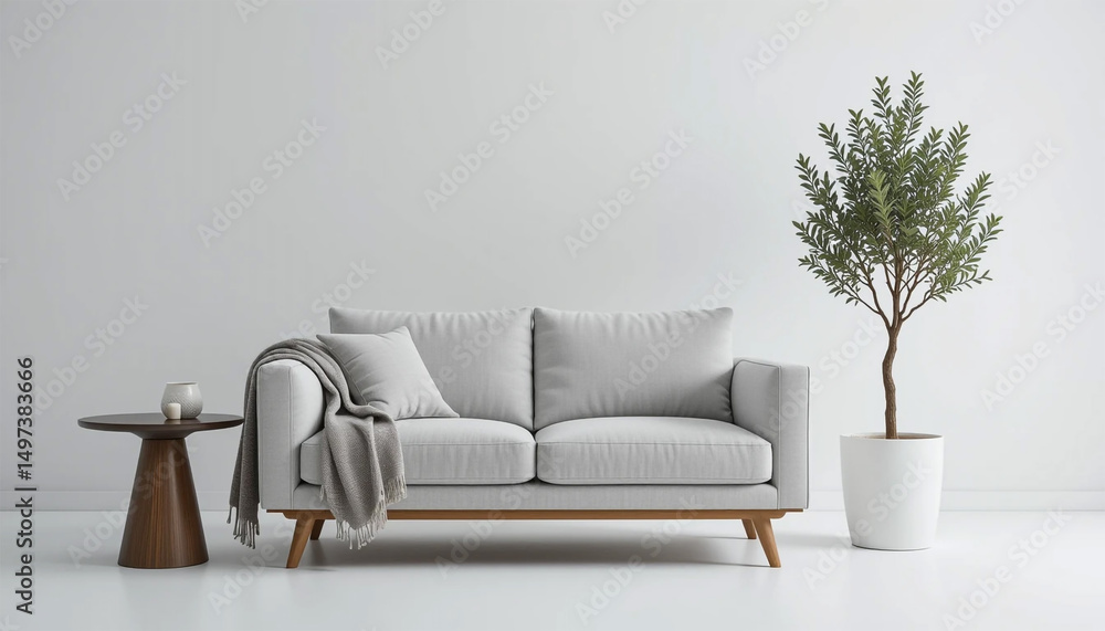 Obraz premium Modern Minimalist Living Room Interior Grey Sofa Wooden Table Olive Tree