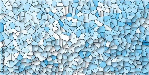 Abstract blue stained glass design with various shades creating a vibrant and artistic background pattern with contrasting black outlines.