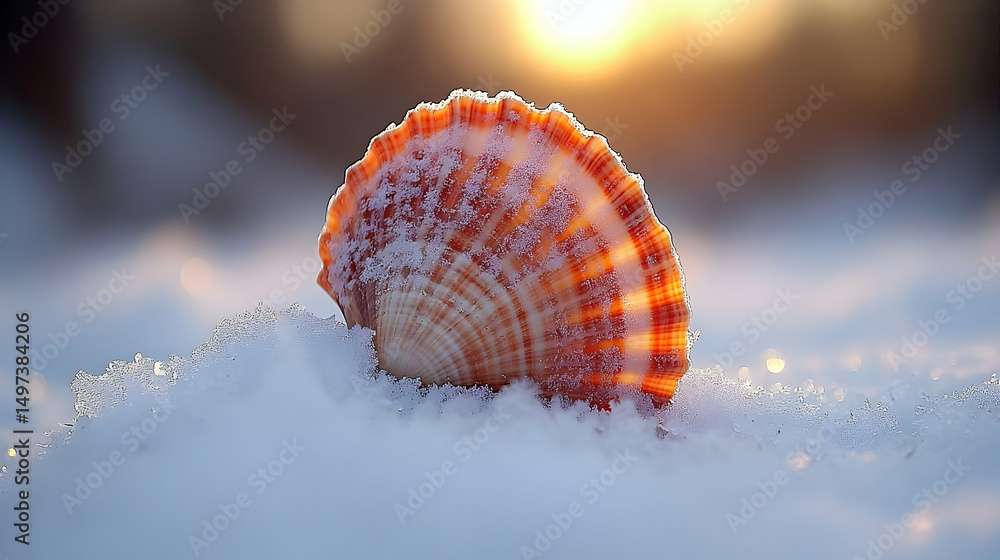 Contrasting elements: Seashell and sunlight in winter snowy landscape Contrasting elements: Seashell and sunlight in winter snowy landscape