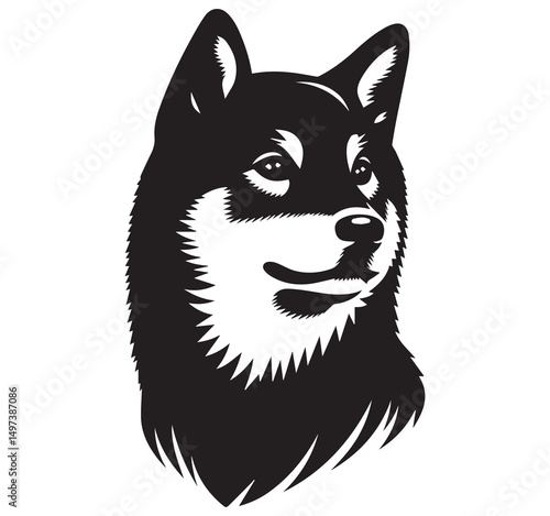 Black Shiba Inu Dog Head Vector Illustration: Detailed Graphic Portrait of a Japanese Breed, Isolated Black and White Design