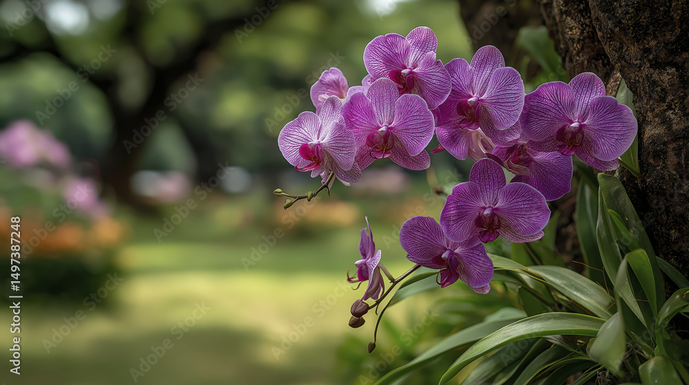 Obraz premium Group of purple phalaenopsis orchids grow on tree trunk, radiating beauty and peace in garden. flowers seems graceful and elegant, bring joy to nature