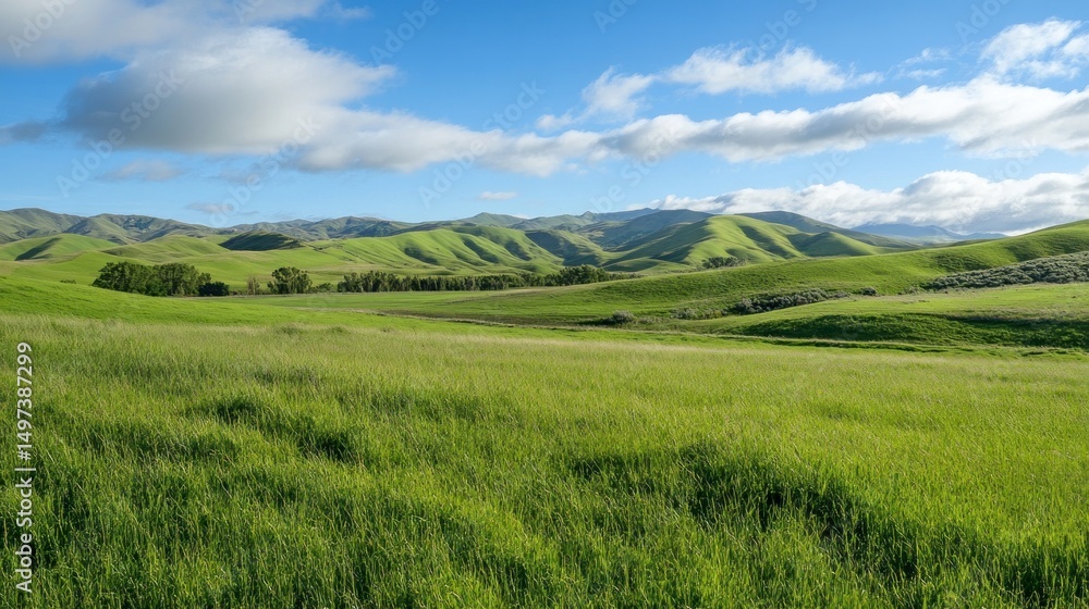 Fototapeta premium Lush green field, rolling hills, and a vibrant blue sky