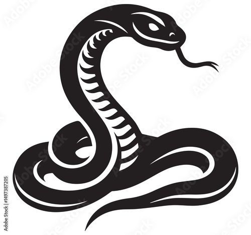 Black & White Snake Vector Illustration: Coiled Serpent with Tongue Out, Reptile Graphic, Animal Tattoo Design, Viper Clipart Image