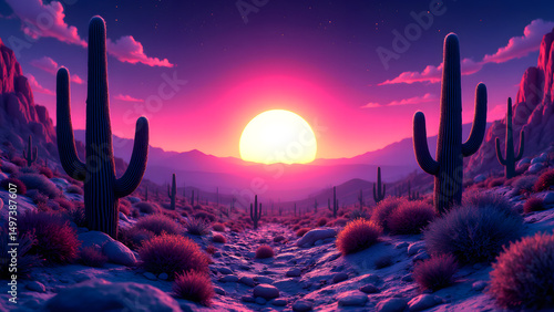 Desert Sunset Spectacle: Witness the captivating allure of a desert sunset, with majestic cacti silhouetted against a canvas of vibrant hues, painting a breathtaking scene of nature's artistry.