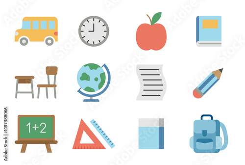 Vector illustration of a school icons pack on a white background in flat style