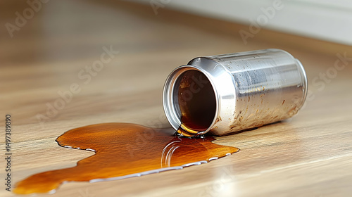 Accidental spill: A beverage can mishap on wooden surface creating a sticky mess