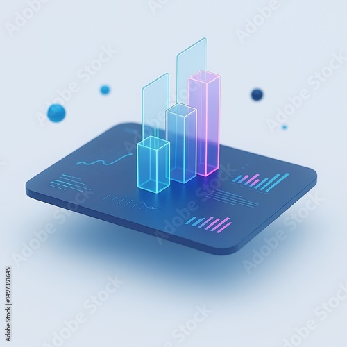 Futuristic 3D Analytics Dashboard with Transparent Bar Charts – Digital Data Visualization