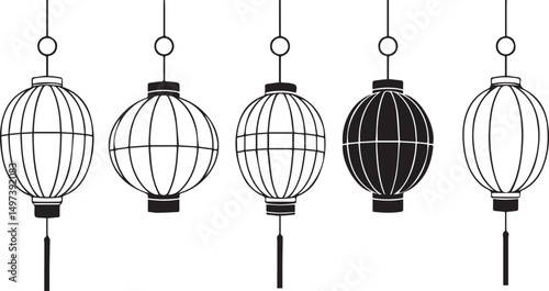 Vector set of Chinese lanterns in line art style, decorations for the Lunar new year, lantern festival or mid autumn festival