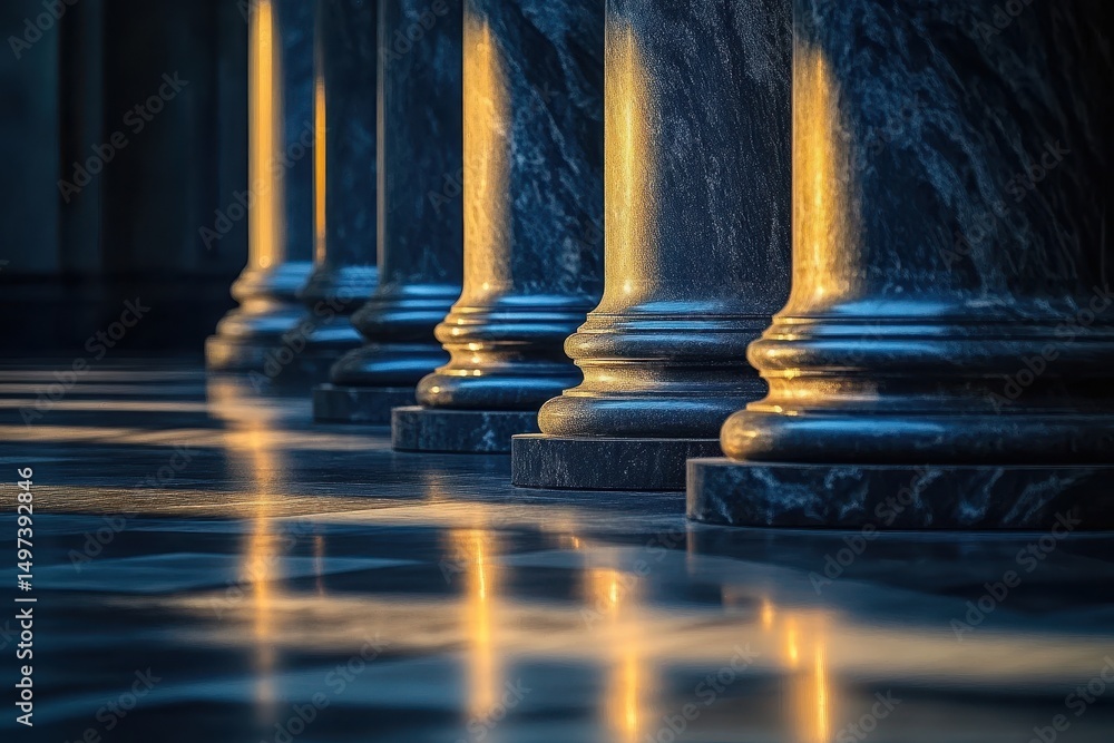 Fototapeta premium Elegant Marble Columns with Reflections in Dim Light Setting
