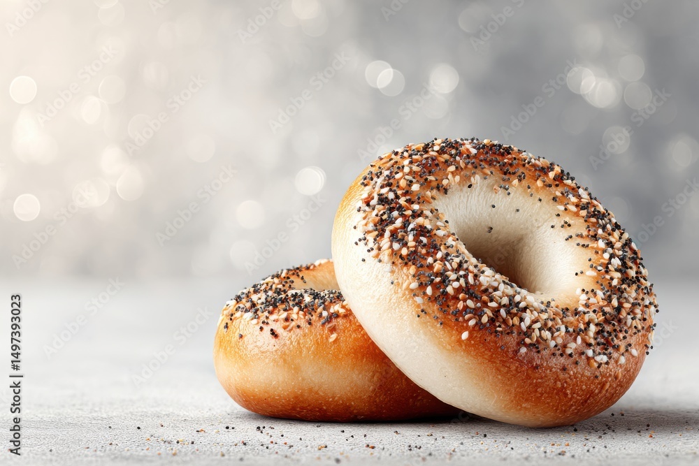 A close-up shot of two fresh bagels with everything seasoning on a textured surface, illuminated by soft, diffused light against a bokeh background. A close-up shot of two fresh bagels with everything seasoning on a textured surface, illuminated by soft, diffused light against a bokeh background.