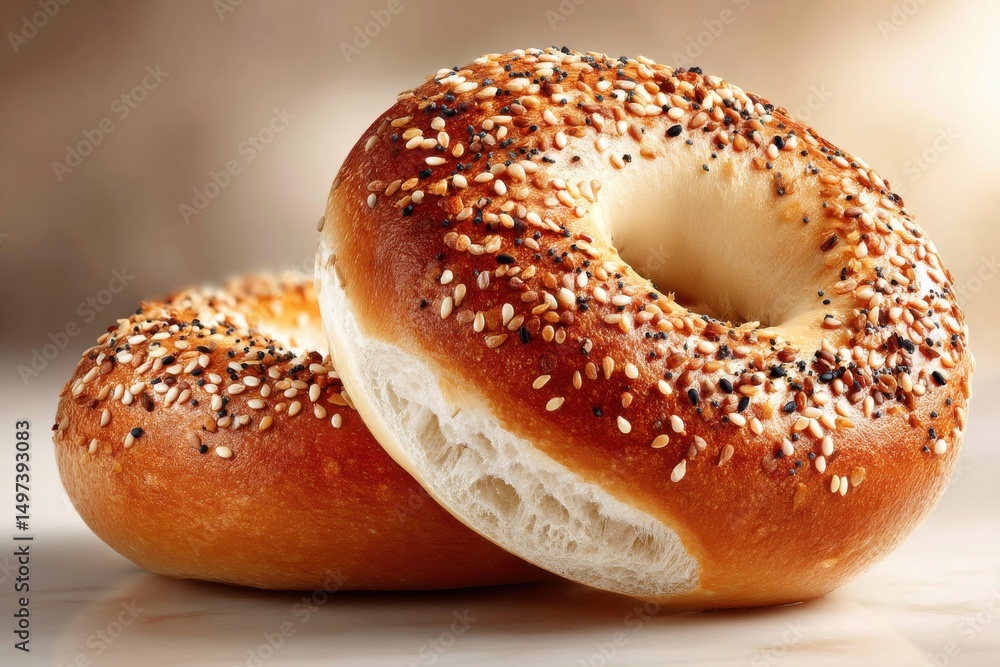 A close-up of two freshly baked bagels with sesame seeds, beautifully lit and ready to be served for breakfast or a delicious snack, a culinary delight. A close-up of two freshly baked bagels with sesame seeds, beautifully lit and ready to be served for breakfast or a delicious snack, a culinary delight.