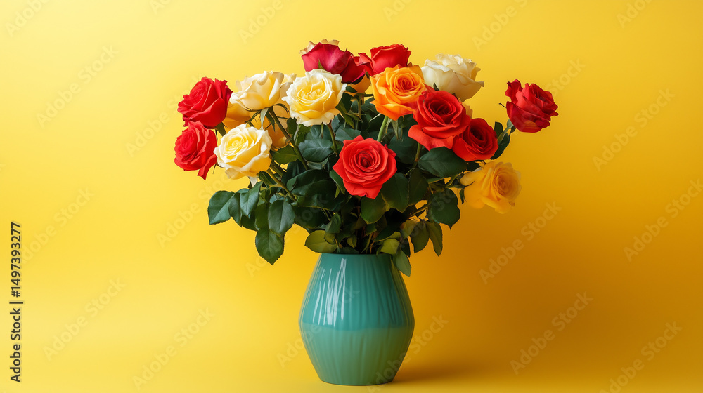 Fototapeta premium This composition features a graceful vase filled with a gorgeous rose bouquet, set off by a sunny yellow background.