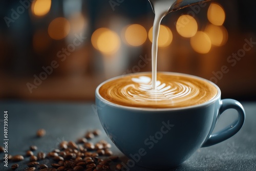 Close-up of creamy milk pouring into coffee with latte art in a blue cup, creating a warm and inviting ambiance, surrounded by scattered coffee beans.