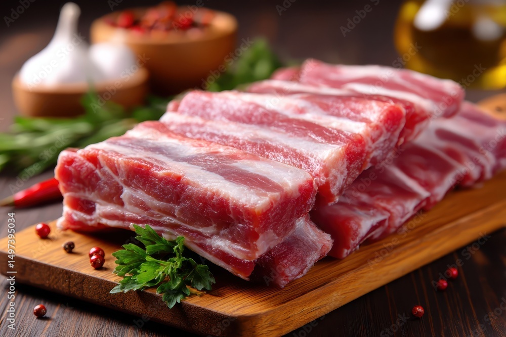 Raw pork ribs on wooden table, top view
Raw pork ribs on wooden table, top view