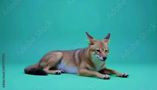 Coyote on Green Screen: A lone coyote lies down on a vibrant green screen, exhibiting a calm and alert demeanor. Its fur is a blend of light and dark browns, showcasing its wild nature.