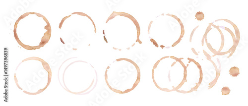Coffee or tea stain drink cup rings vector illustration set isolated on white background. Coffee stain marks ring cup spot trace. Brown round splashes of drink collection.