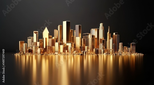 Golden cityscape reflected on a dark, glossy surface; skyscrapers of varying heights and shapes create a luxurious, minimalist skyline