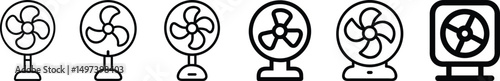 Desktop Fan Icon Representing Airflow, Cooling Device Symbol, Electric Table Fan Illustration for Ventilation, Air Circulation, Summer Heat Relief, HVAC Concept, Home Appliance Cooling Air Movement